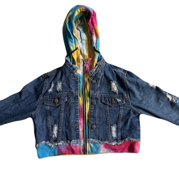 Jackets & Blazers - American Bazi Hooded Women’s Jean Jacket With Tie-Dye Trim NWT Size L